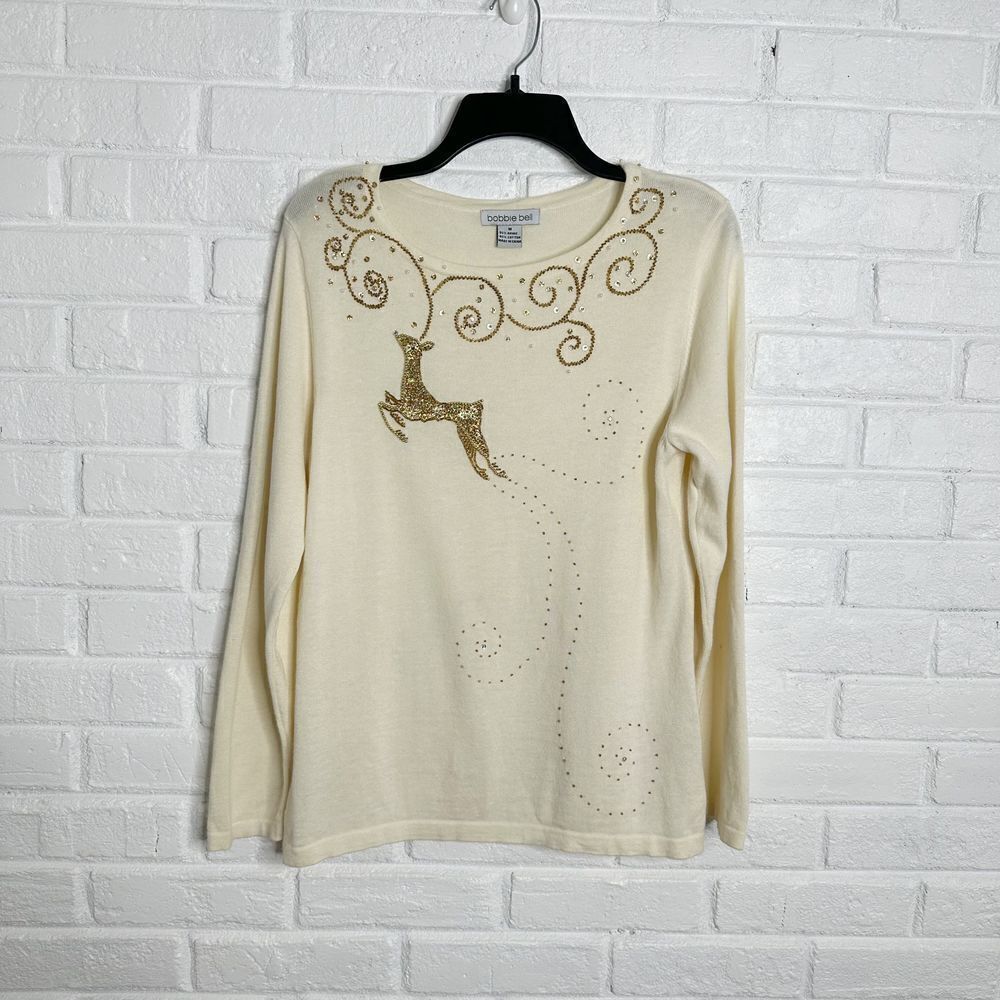 Bobbie Bell Reindeer Christmas‎ Sweater Beaded Rhinestones size Medium